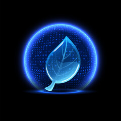 Glowing blue sphere shield with leaf inside vector, dome barrier technology, luminous ecology protection force shell