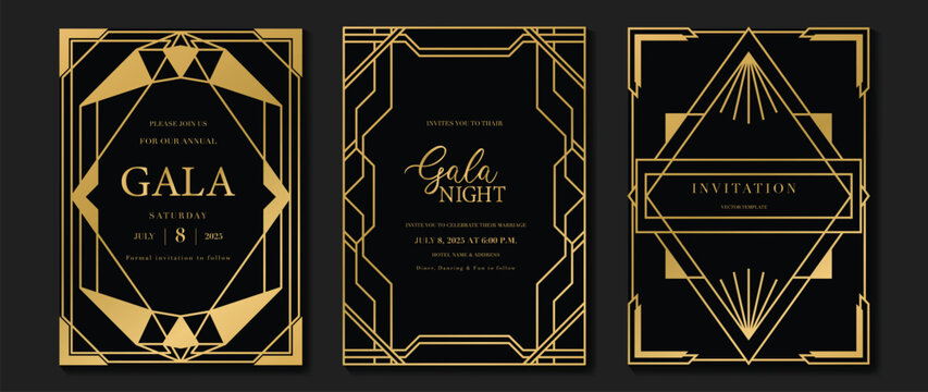 Luxury invitation card background vector. Elegant classic antique design, gold lines gradient on dark background. Premium design illustration for gala card, grand opening, art deco.