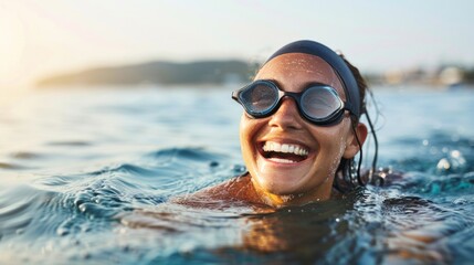Joyful Swimmer with Goggles in Sea