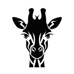Black silhouette of giraffe head and neck on white background. Vector african animal, isolated icon with giraffe animal face in simple style, decal, sticker. Concept for savannah safari, tattoo, zoo
