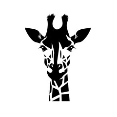 Black silhouette of giraffe head and neck on white background. Vector african animal, isolated icon with giraffe animal face in simple style, decal, sticker. Concept for savannah safari, tattoo, zoo - obrazy, fototapety, plakaty