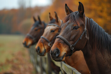 Obraz premium Four horses are standing next to a wooden fence. The horses are brown and white. The fence is wooden and has a rustic look. The scene is peaceful and calm. horses on a field behind a fence