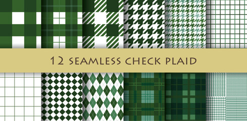 １２種類のチェック模様のパターン見本のコレクション 緑色のセット