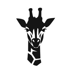 Black silhouette of giraffe head and neck on white background. Vector african animal, isolated icon with giraffe animal face in simple style, decal, sticker. Concept for savannah safari, tattoo, zoo