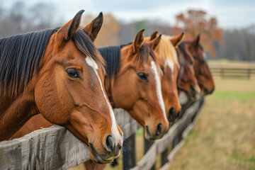Fototapeta premium Four horses are standing next to a wooden fence. The horses are brown and white. The fence is wooden and has a rustic look. The scene is peaceful and calm. horses on a field behind a fence