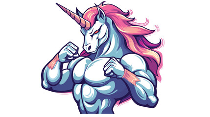 Strong angry unicorn mascot flexing its arm. Flat vector