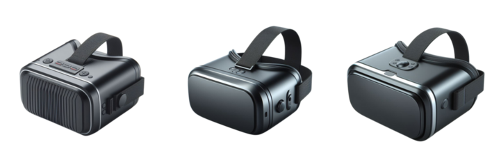 Set of VR box virtual reality glasses isolated on transparent PNG background