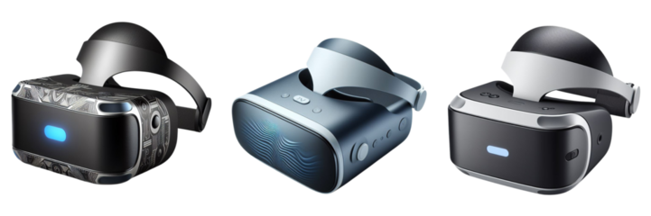 Set of VR box virtual reality glasses isolated on transparent PNG background