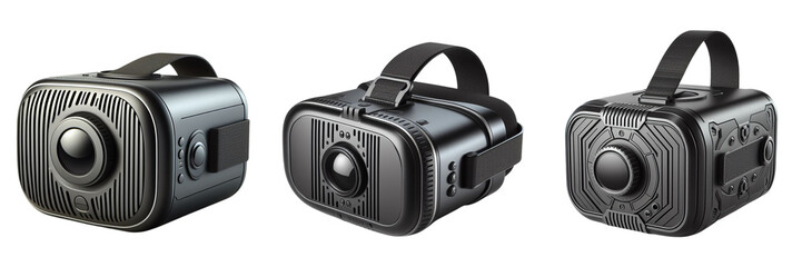 Set of VR box virtual reality glasses isolated on transparent PNG background