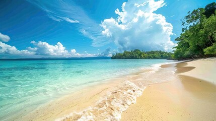 A beautiful beach with a clear blue ocean and a few clouds in the sky. The sky is bright and sunny, and the water is calm. The beach is empty - obrazy, fototapety, plakaty