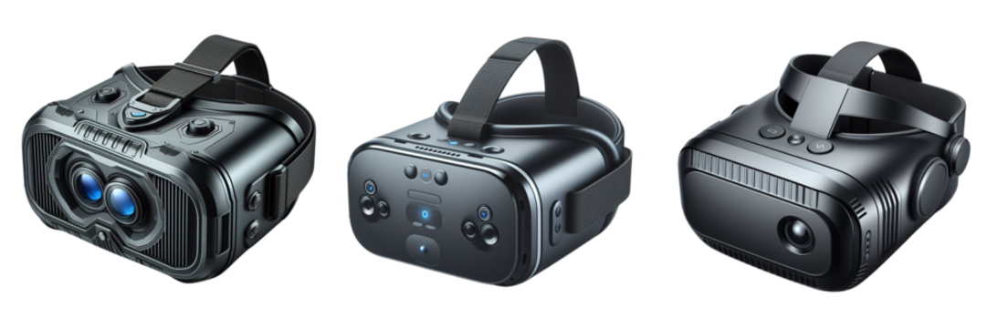 Set of VR box virtual reality glasses isolated on transparent PNG background