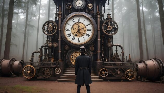 A person standing in front of a large Old fashioned clockworks in the steampunk industry at forest