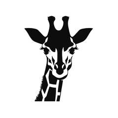 Black silhouette of giraffe head and neck on white background. Vector african animal, isolated icon with giraffe animal face in simple style, decal, sticker. Concept for savannah safari, tattoo, zoo