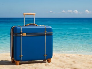 una maleta azul en la playa - obrazy, fototapety, plakaty