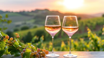 Two glasses of white wine and a wooden plate with cheese and nuts served outside at sunset