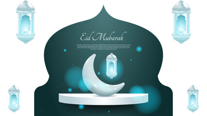 eid mubarak card with lantern, crescent and podium. islamic background. vector illustration