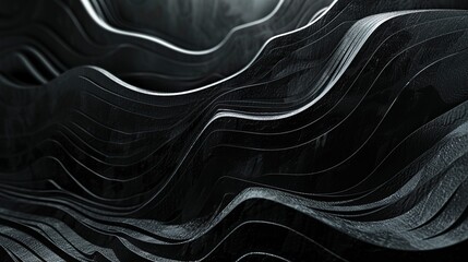 A black and white image of a wave with a dark, almost metallic look. The image is abstract and has a moody, almost ominous feel to it - obrazy, fototapety, plakaty