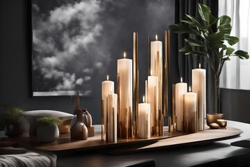 A tranquil display with LED candles serving as chic decor, the high-definition camera showcasing the soothing atmosphere and detailed design in vivid - obrazy, fototapety, plakaty
