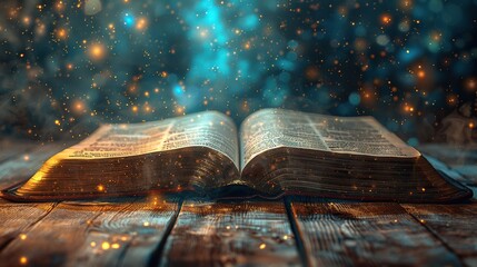 A book is open to a page with a blue background and a lot of sparkles. The book is a Bible and the page is titled "The Book of Revelation." The sparkles give the page a mystical and spiritual feel
