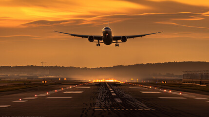Naklejka premium The warm tones of the setting sun a majestic passenger jet soaring into the twilight sky from a vibrant airport runway, its powerful engines roaring as it leaves the ground.