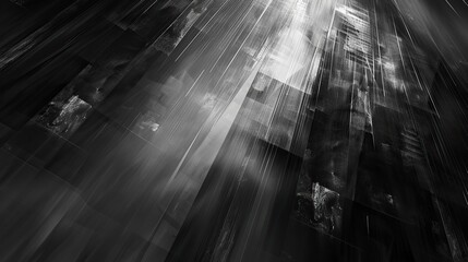 A black and white photo of a city skyline with a lot of buildings. The photo is blurry and has a sense of movement