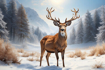 deer on snow background - obrazy, fototapety, plakaty