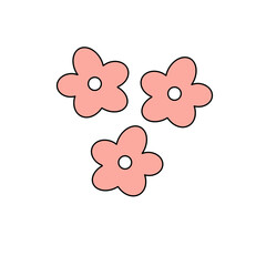 Three pink flowers are drawn in a cartoon style. The flowers are arranged in a triangular shape, with the middle one slightly larger than the other two. Scene is cheerful and playful
