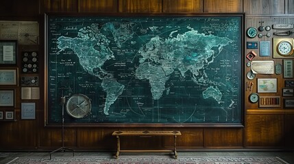 A large blackboard with a map of the world drawn on it. The room is decorated with clocks and other items