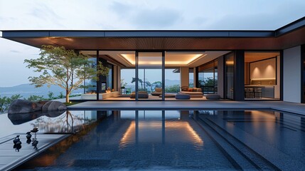 Fototapeta premium Modern Luxury Home Exterior with Infinity Pool at Dusk