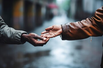 The Hopecore-inspired photo of a person reaching out to help someone in need, exemplifying the spirit of compassion, empathy, and the belief in collective progress.