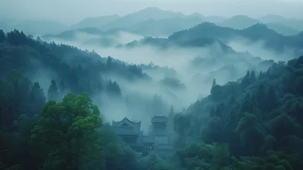 Foto op Canvas Misty Mountain Temple at Dawn © lin
