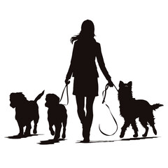 Vector silhouette of women  walk with her dogs with leash on white background. Symbol of animal, pet, friends,walk.