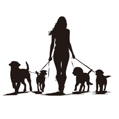 Vector silhouette of women  walk with her dogs with leash on white background. Symbol of animal, pet, friends,walk.