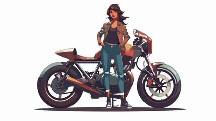 A beautiful girl stands with a motorcycle