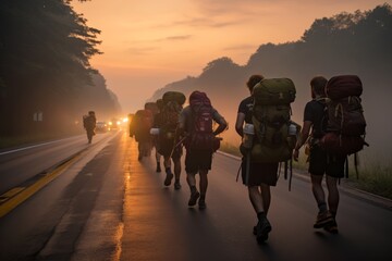 
A portrait of a group of ruckers starting their journey at dawn, showcasing the community aspect of rucking