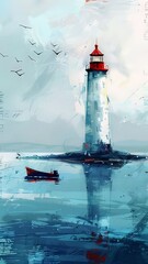 Vertical AI illustration serene lighthouse seascape with boat. Landscape concept.