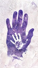 Vertical AI illustration layered handprint art in purple hues. People concept.