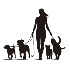 Vector silhouette of women  walk with her dogs with leash on white background. Symbol of animal, pet, friends,walk.