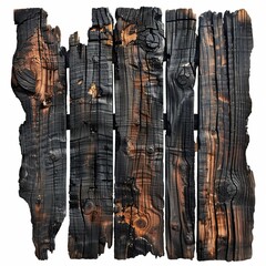 A wooden fence with charred wood, giving it a rustic and aged appearance. The blackened wood suggests that the fence has been exposed to fire or other elements, which has caused it to weather