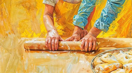 Horizontal AI illustration hands rolling dough on vibrant yellow background. People concept.
