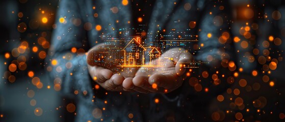 A person is holding a hand up to a glowing image of a house. The image is surrounded by a lot of bright, glowing dots, giving it a dreamy, ethereal quality. The house appears to be a small, cozy home