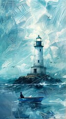 Vertical AI illustration serene lighthouse in stormy brushstroke seascape. Landscape concept.