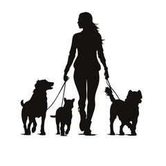 Vector silhouette of women  walk with her dogs with leash on white background. Symbol of animal, pet, friends,walk.