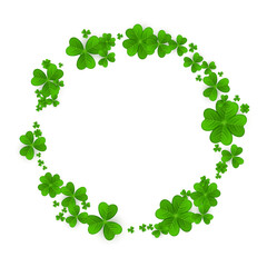 Realistic shamrock wreath. Round Clover frame. Green leaves floral garland. Trefoil border.