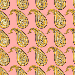 Colorful seamless pattern with yellow Paisley motifs on pink background. Traditional indian repeat design.