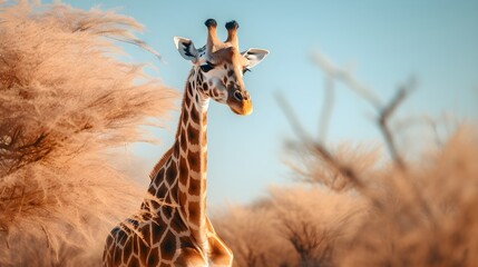 Giraffe in the wild, HD, Close up portrait, blurry forest nature background