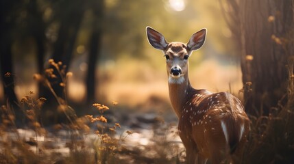 Close up of a Deer, HD photo, blurry nature sunlight background 