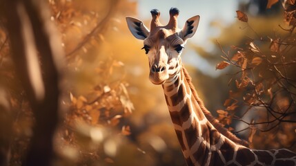 Close up of a Giraffe, HD photo, blurry nature sunlight background 