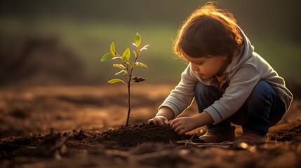 Girl planting a tree sapling in the ground, child, earth day, nature, global warming concept  - obrazy, fototapety, plakaty