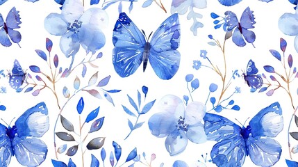 A blue and white butterfly pattern with flowers and leaves. The image has a calming and peaceful mood, as the blue and white colors are soothing and the flowers